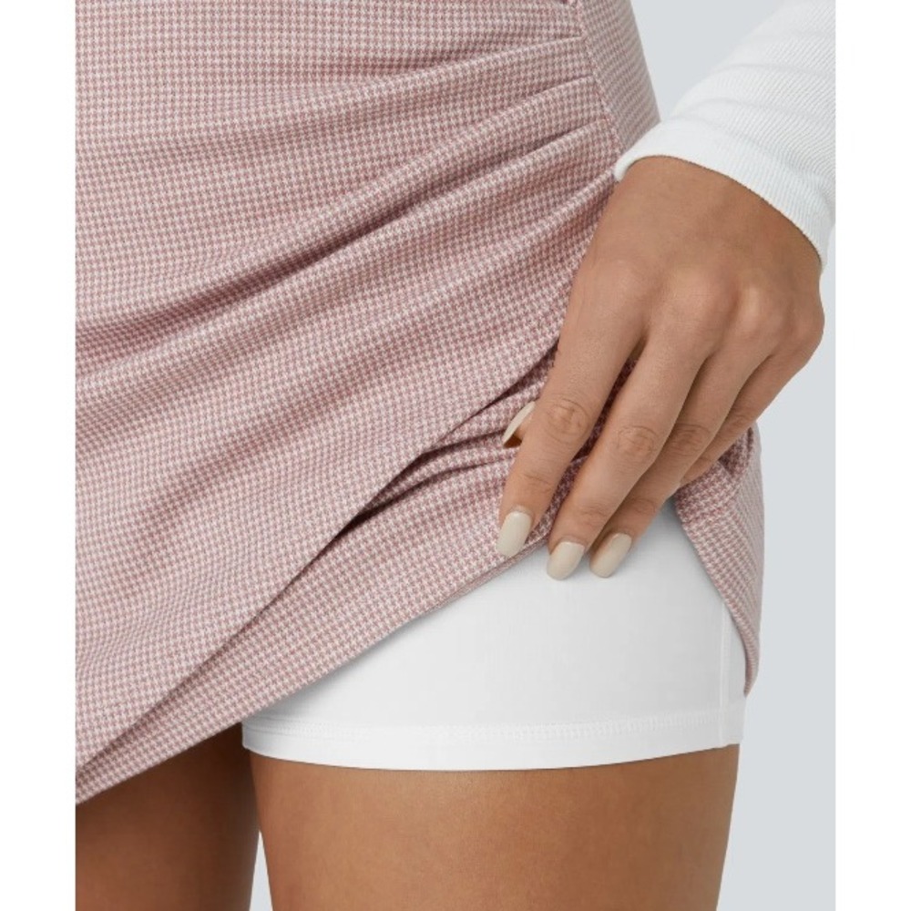 Halara Skort Pink Houndstooth Ruched Asymmetrical Wrap Skirt Women Small NWT - Picture 2 of 3